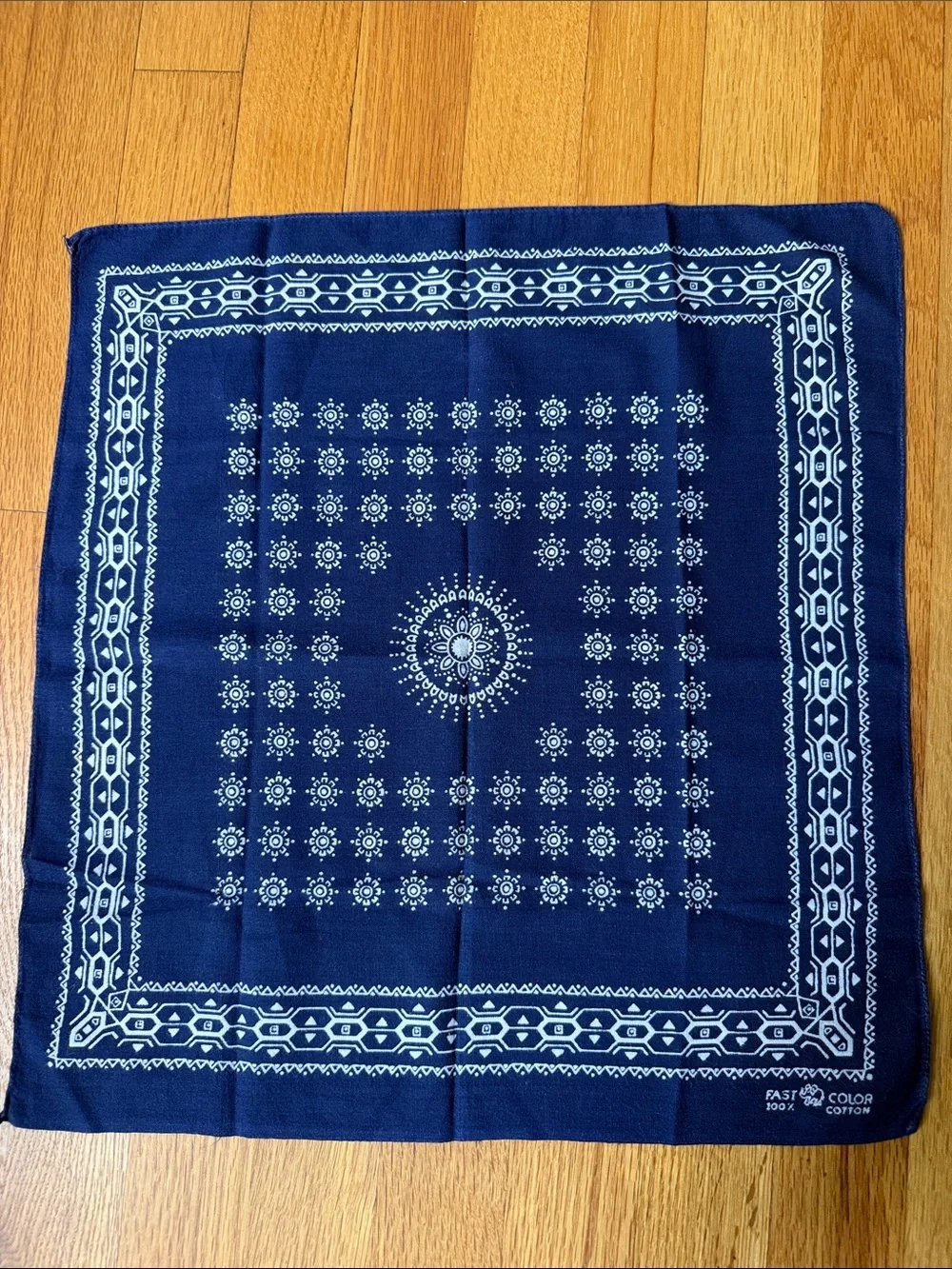 Vintage Elephant Brand Fast Color Navy Blue Bandana 100% Cotton Geometric Flower